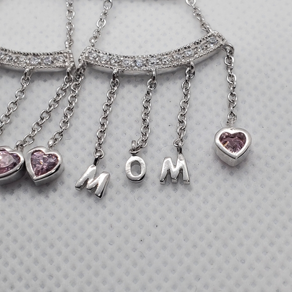925 Silver Dangling CZ Hearts MOM Earrings - Picture 5 of 8